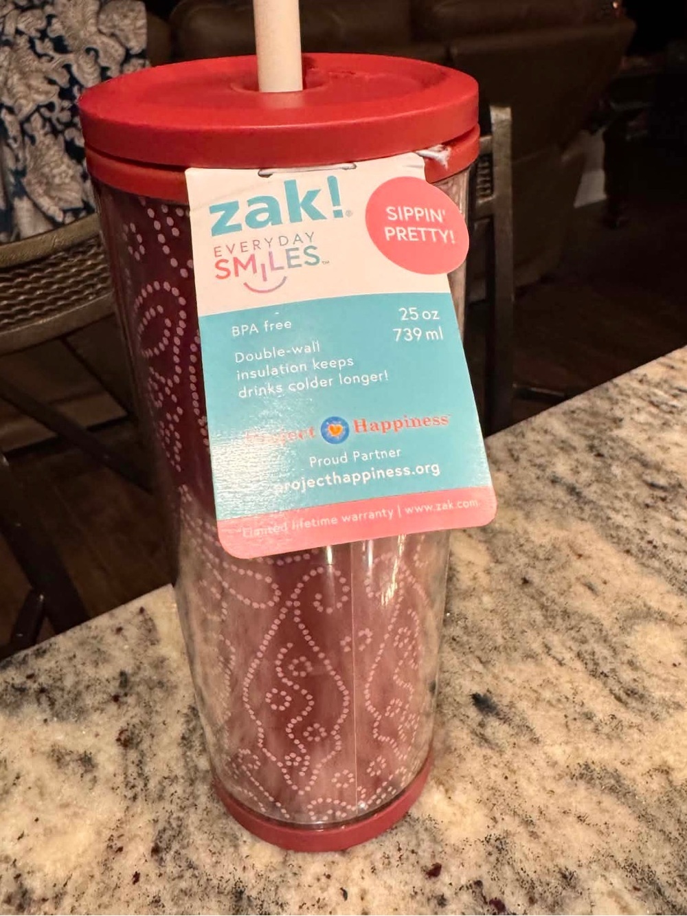 ZAK! Red Patterned Insulated Tumbler with Straw NEW WITH TAGS